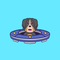 söt hundkörning rymdskepp ufo. djur tecknad koncept isolerad. kan användas för t-shirt, gratulationskort, inbjudningskort eller maskot. platt tecknad stil vektor
