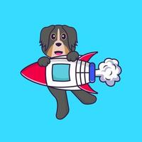 süßer Hund, der auf Rakete fliegt. Tierkarikaturkonzept isoliert. kann für T-Shirt, Grußkarte, Einladungskarte oder Maskottchen verwendet werden. flacher Cartoon-Stil vektor