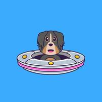 süßer hund fährt raumschiff ufo. Tierkarikaturkonzept isoliert. kann für T-Shirt, Grußkarte, Einladungskarte oder Maskottchen verwendet werden. flacher Cartoon-Stil vektor