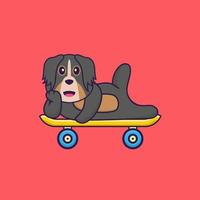 süßer Hund, der auf einem Skateboard liegt. Tierkarikaturkonzept isoliert. kann für T-Shirt, Grußkarte, Einladungskarte oder Maskottchen verwendet werden. flacher Cartoon-Stil vektor