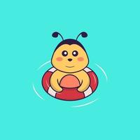 süße Biene schwimmt mit einer Boje. Tierkarikaturkonzept isoliert. kann für T-Shirt, Grußkarte, Einladungskarte oder Maskottchen verwendet werden. flacher Cartoon-Stil vektor