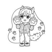 Kind Färbung Buch Charakter von Anime Junge mit Tier Ohren und Handschuhe im das gestalten von Pfoten. vektor