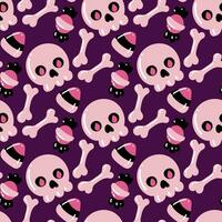 Halloween Muster mit Rosa Elemente. Schädel, Süssigkeit, Knochen auf ein lila Hintergrund. Kinder- Illustration zum Drucken auf Textilien und Papier zum ein Urlaub, ein Party. Vektor eben nahtlos Textur