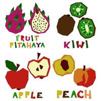 mini uppsättning av stiliserade geometrisk frukt i hela och i sektion med de namn. naturlig organisk tropisk Produkter. ljus utskrift på matvaror Produkter till ange smak. vektor platt illustration