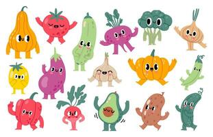 Gekritzel Gemüse Figuren. komisch Vegetarisch Maskottchen, gesund vegan Essen Lebensmittelgeschäft Produkt mit süß kawaii Karikatur Gesichter Vektor Illustration einstellen