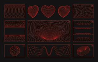 Gitter 3d Symbole. Zukunft Poster Drahtmodell 90er Jahre Elemente. Neon- geometrisch Maschen, futuristisch y2k Linie Muster, Herz und Welle Cyberpunk gestalten editierbar Schlaganfall Pfade. Vektor einstellen