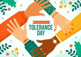internationell dag för tolerans vektor illustration på november 16 med innehav händer av annorlunda hud Färg för mänsklig solidaritet i platt tecknad serie
