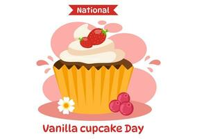 National Vanille Cupcake Tag Vektor Illustration auf 10 November von Cupcakes mit Erdbeere und Vanille Sahne im eben Karikatur Rosa Hintergrund Design