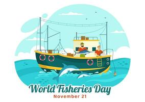 Welt Fischerei Tag Vektor Illustration von Fischer mit Angeln Stange auf Boot beim das Meer zu schützen Wasser- Ökosysteme und konservieren Biodiversität