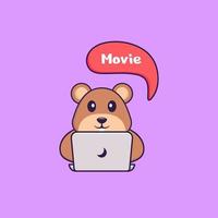 süßes Eichhörnchen sieht sich einen Film an. Tierkarikaturkonzept isoliert. kann für T-Shirt, Grußkarte, Einladungskarte oder Maskottchen verwendet werden. flacher Cartoon-Stil vektor