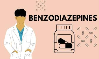 Benzodiazepine. Benzodiazepine Tabletten im rx Rezept Droge Flasche Vektor Illustration