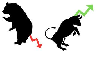 Stier und Bär Markt Trend im Krypto Währung oder Aktien. Handel Austausch, Grün oben oder rot Nieder Pfeile Graph. Kryptowährung Preis Diagramm Vektor. vektor