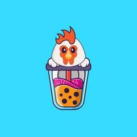 süßes Huhn, das Boba-Milchtee trinkt. Tierkarikaturkonzept isoliert. kann für T-Shirt, Grußkarte, Einladungskarte oder Maskottchen verwendet werden. flacher Cartoon-Stil vektor