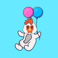 süßes Huhn fliegt mit zwei Ballons. Tierkarikaturkonzept isoliert. kann für T-Shirt, Grußkarte, Einladungskarte oder Maskottchen verwendet werden. flacher Cartoon-Stil vektor