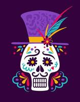 Tag von das tot. dia de Muertos. ofrenda. Baron samedi. Schädel im ein oben Hut. Loa, Voodoo. Samstag. Halloween. Vektor Illustration im eben Stil. zum Poster, Postkarten, Banner, Design Elemente.