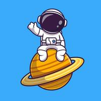 Astronaut Sitzung auf Planet und winken Hand Karikatur Vektor Symbol Illustration. Wissenschaft Technologie Symbol Konzept isoliert Prämie Vektor. eben Karikatur Stil