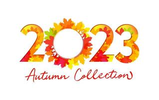 2023 Herbst Sammlung Einkaufen Banner. kreativ Einladung Karte mit fallen Gelb, rot und Orange bunt Blätter. Nummer 2 0 2 3 mit Ausschnitt Maske. Verkauf Coupon. Werbung Design. vektor