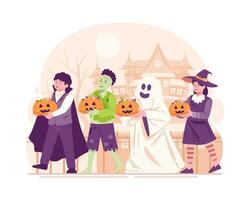 glücklich Halloween. Kinder gekleidet im Halloween Kostüme sind Gehen um beim Nacht zu erhalten etwas Süßigkeiten durch Trick oder Behandlung vektor