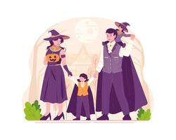 en Lycklig familj föräldrar och barn klädd i halloween kostymer fira halloween vektor