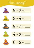 halloween tryckbar pedagogisk matematik arbetsblad. subtraktion, räkning aktiviteter för ungar. matematik aktiviteter för förskolebarn dagis. inlärning matematiskt sidor. halloween lärare Resurser. vektor