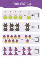 halloween tryckbar pedagogisk matematik arbetsblad. subtraktion, räkning aktiviteter för ungar. pedagogisk spel för förskolebarn och dagis. vektor