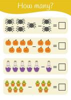 Halloween druckbar lehrreich Mathematik Arbeitsblatt. Subtraktion, Zählen Aktivitäten zum Kinder. Mathematik Aktivitäten zum Kinder im Vorschulalter Kindergarten. Lernen mathematisch Seiten. Halloween Lehrer Ressourcen. vektor