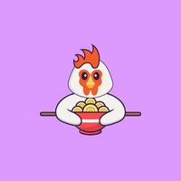 süßes Huhn, das Ramen-Nudeln isst. Tierkarikaturkonzept isoliert. kann für T-Shirt, Grußkarte, Einladungskarte oder Maskottchen verwendet werden. flacher Cartoon-Stil vektor