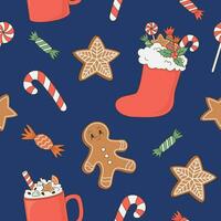 jul sömlös mönster med sötsaker, pepparkaka, cappucino på blå bakgrund. tecknad serie vektor illustration. omslag papper, hälsning kort, skriva ut