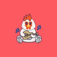 süßes Huhn, das Gitarre spielt. Tierkarikaturkonzept isoliert. kann für T-Shirt, Grußkarte, Einladungskarte oder Maskottchen verwendet werden. flacher Cartoon-Stil vektor