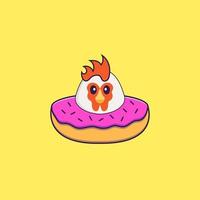 süßes Huhn mit einem Donut am Hals. Tierkarikaturkonzept isoliert. kann für T-Shirt, Grußkarte, Einladungskarte oder Maskottchen verwendet werden. flacher Cartoon-Stil vektor