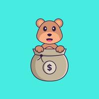 söt björn som leker i pengarpåse. djur tecknad koncept isolerad. kan användas för t-shirt, gratulationskort, inbjudningskort eller maskot. platt tecknad stil vektor
