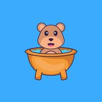söt björn som badar i badkaret. djur tecknad koncept isolerad. kan användas för t-shirt, gratulationskort, inbjudningskort eller maskot. platt tecknad stil vektor
