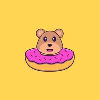 süßer Bär mit einem Donut am Hals. Tierkarikaturkonzept isoliert. kann für T-Shirt, Grußkarte, Einladungskarte oder Maskottchen verwendet werden. flacher Cartoon-Stil vektor