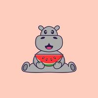 Süßes Nilpferd, das Wassermelone isst. Tierkarikaturkonzept isoliert. kann für T-Shirt, Grußkarte, Einladungskarte oder Maskottchen verwendet werden. flacher Cartoon-Stil vektor