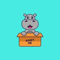 Süßes Nilpferd in Box mit Poster adoptiere mich. Tierkarikaturkonzept isoliert. kann für T-Shirt, Grußkarte, Einladungskarte oder Maskottchen verwendet werden. flacher Cartoon-Stil vektor
