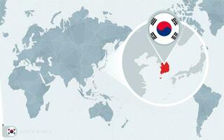 Pazifik zentriert Welt Karte mit vergrößert Süd Korea. Flagge und Karte von Süd Korea. vektor