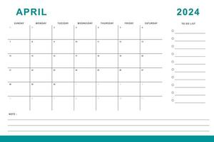 april 2024 kalender. en gång i månaden planerare mall. söndag Start. vektor design
