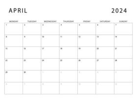 April 2024 Kalender. Montag Start. monatlich Planer Vorlage. Vektor Design