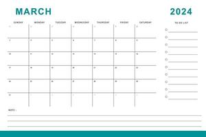 Mars 2024 kalender. en gång i månaden planerare mall. söndag Start. vektor design