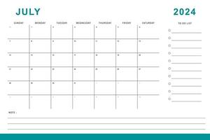 juli 2024 kalender. en gång i månaden planerare mall. söndag Start. vektor design