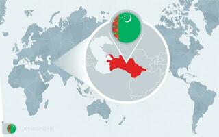 pacific centrerad värld Karta med förstorade turkmenistan. flagga och Karta av turkmenistan. vektor