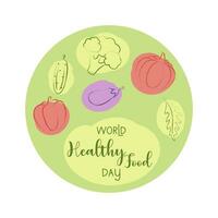 Welt gesund Essen Tag runden Grün Poster, Gekritzel Gemüse. vektor