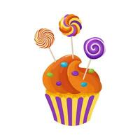 ein Cupcake mit Süßigkeiten und Lutscher auf oben. dekoriert Halloween Nachtisch. Karikatur Süßigkeiten Clip Art zum Speisekarte, Gruß Karte, Party Einladung. Vektor Illustration.