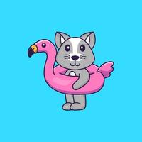süße Ratte mit Flamingo-Boje. Tierkarikaturkonzept isoliert. kann für T-Shirt, Grußkarte, Einladungskarte oder Maskottchen verwendet werden. flacher Cartoon-Stil vektor