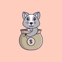 söt råtta i en pengarpåse. djur tecknad koncept isolerad. kan användas för t-shirt, gratulationskort, inbjudningskort eller maskot. platt tecknad stil vektor