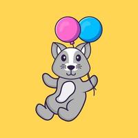 süße Ratte fliegt mit zwei Ballons. Tierkarikaturkonzept isoliert. kann für T-Shirt, Grußkarte, Einladungskarte oder Maskottchen verwendet werden. flacher Cartoon-Stil vektor