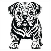 Bulldogge in voller Länge Porträt im einfach Zier Vektor Stil. schwarz und Weiß Illustration, isoliert auf Weiß Hintergrund.