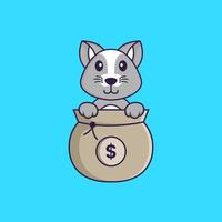 söt råtta som spelar i pengarpåse. djur tecknad koncept isolerad. kan användas för t-shirt, gratulationskort, inbjudningskort eller maskot. platt tecknad stil vektor
