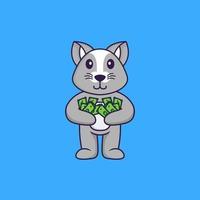 söt råtta håller pengar. djur tecknad koncept isolerad. kan användas för t-shirt, gratulationskort, inbjudningskort eller maskot. platt tecknad stil vektor