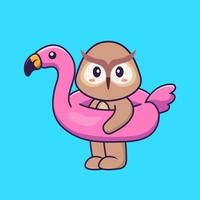 süße Eule mit Flamingo-Boje. Tierkarikaturkonzept isoliert. kann für T-Shirt, Grußkarte, Einladungskarte oder Maskottchen verwendet werden. flacher Cartoon-Stil vektor